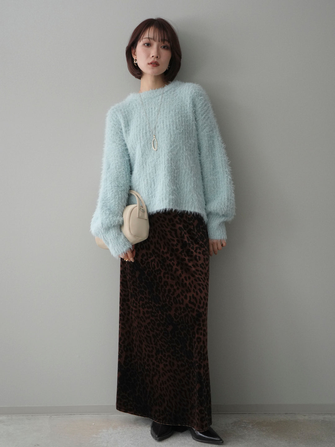 [SET]ボリュームスリーブシャギー MIXニットプルオーバー+レオパードベロアナロースカート(2set)