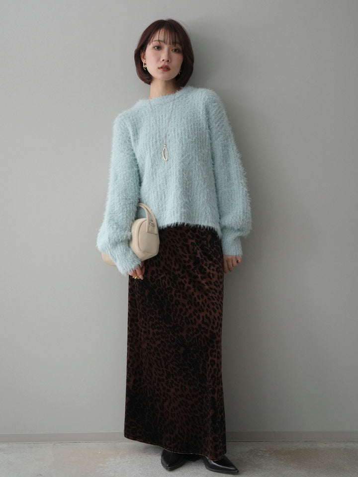 [SET]ボリュームスリーブシャギー MIXニットプルオーバー+レオパードベロアナロースカート(2set)