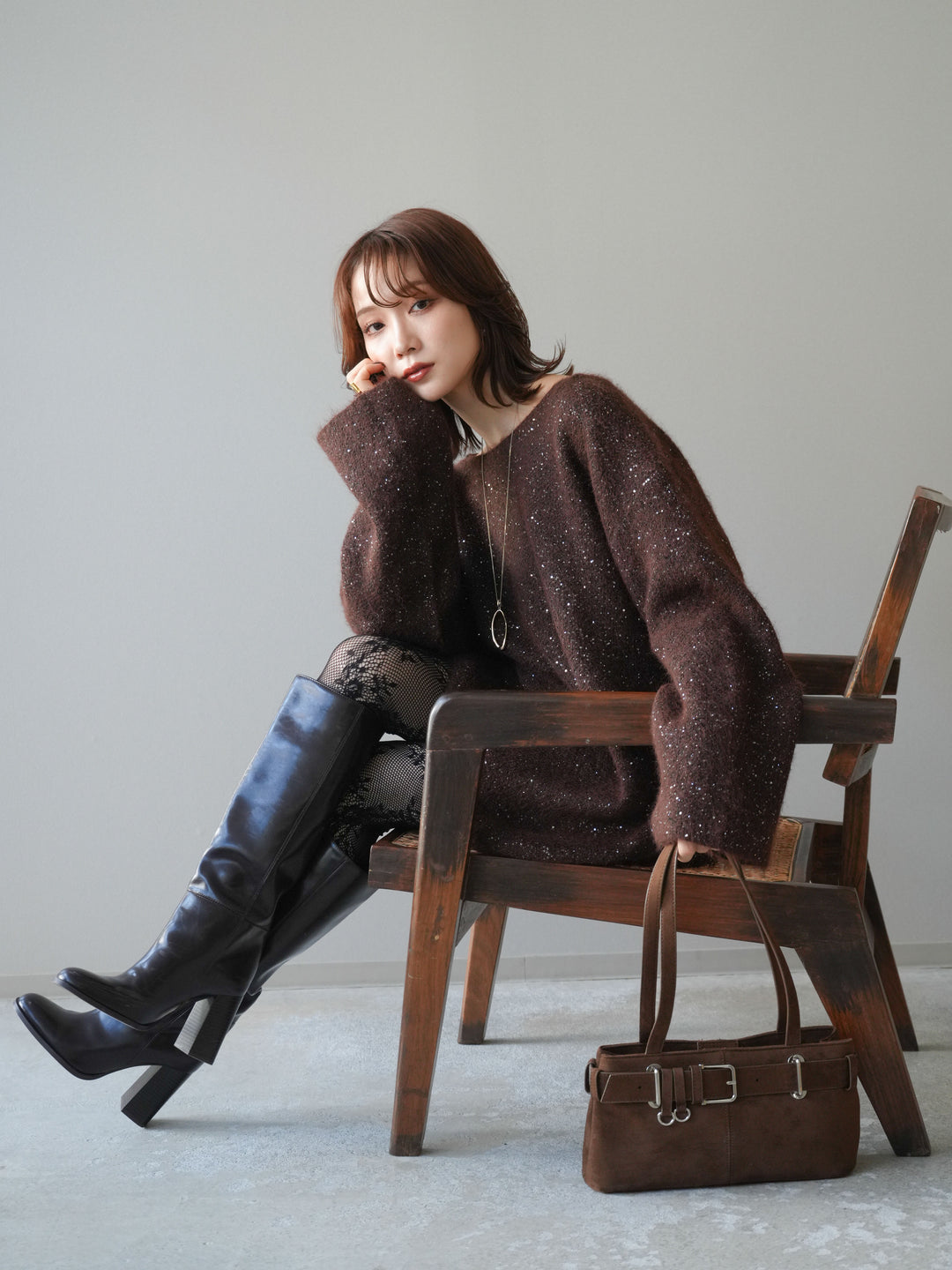 [予約]スパンコールミニシャギーニットチュニック/brown