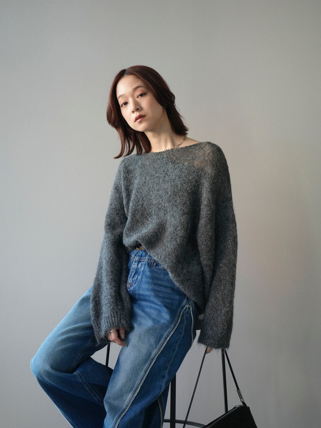 [予約]透かしデザインニットプルオーバー/charcoal