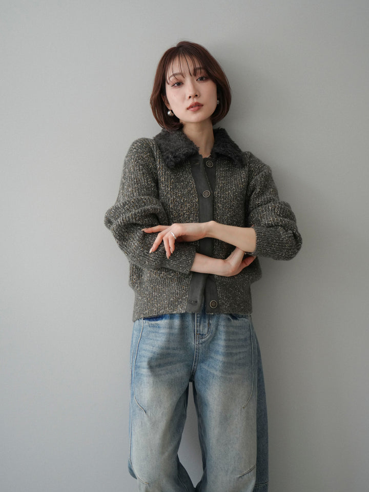 [SET]襟ボアミックスヤーンニットカーディガン+ベルト付カーブデニムパンツ(2set)