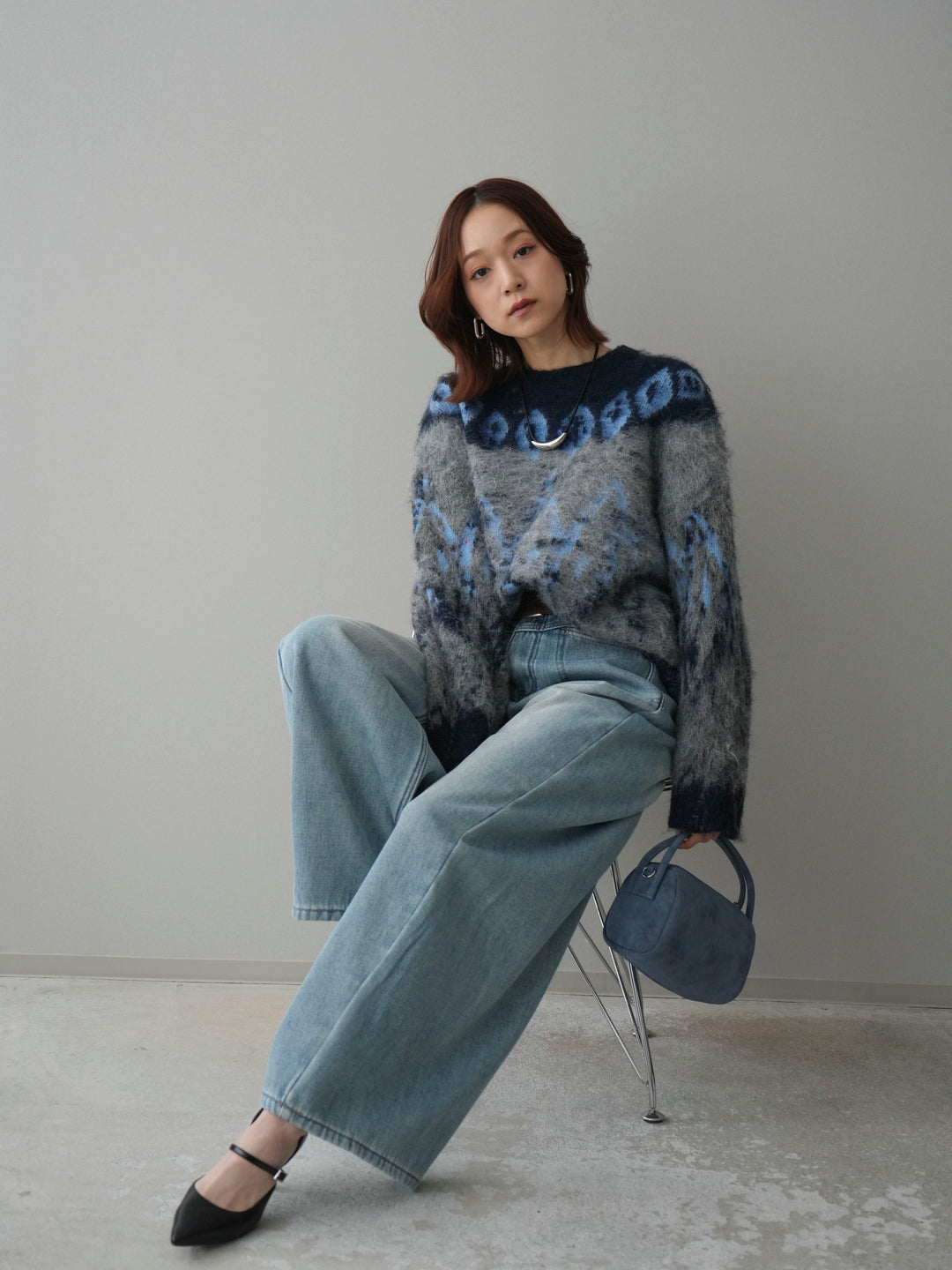 [SET]シャギーニュアンス柄ニットプルオーバー+ベルト付裏起毛カーブデニムパンツ(2set)