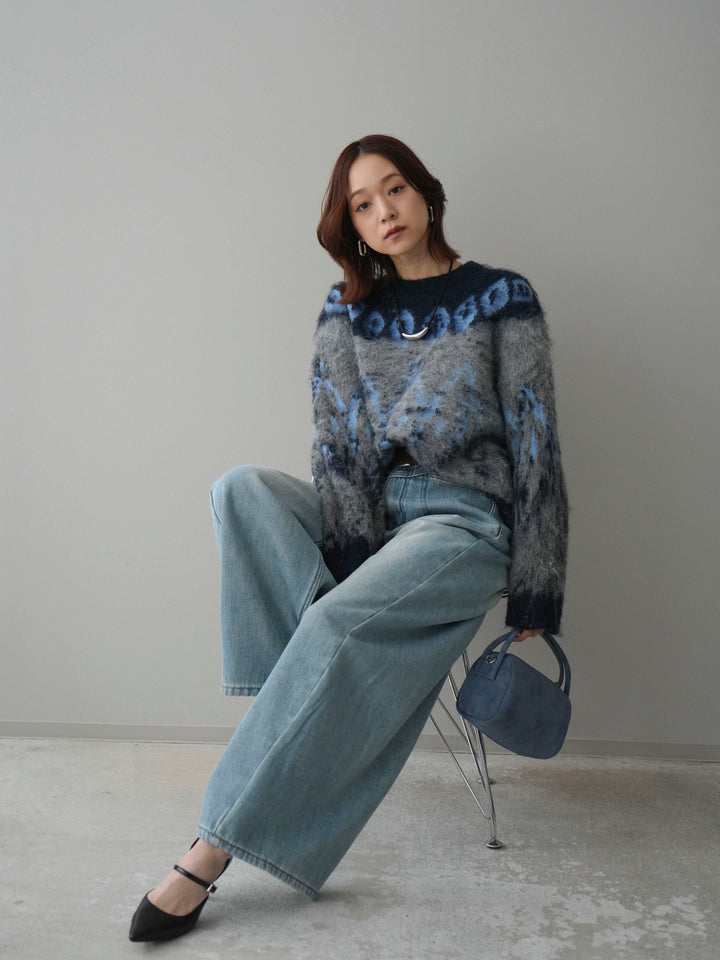 [SET]シャギーニュアンス柄ニットプルオーバー+ベルト付裏起毛カーブデニムパンツ(2set)