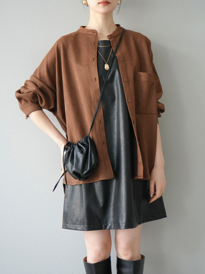 [SET] 麂皮立領外套襯衫 + 附單肩包皮革迷你連身裙（2 套）