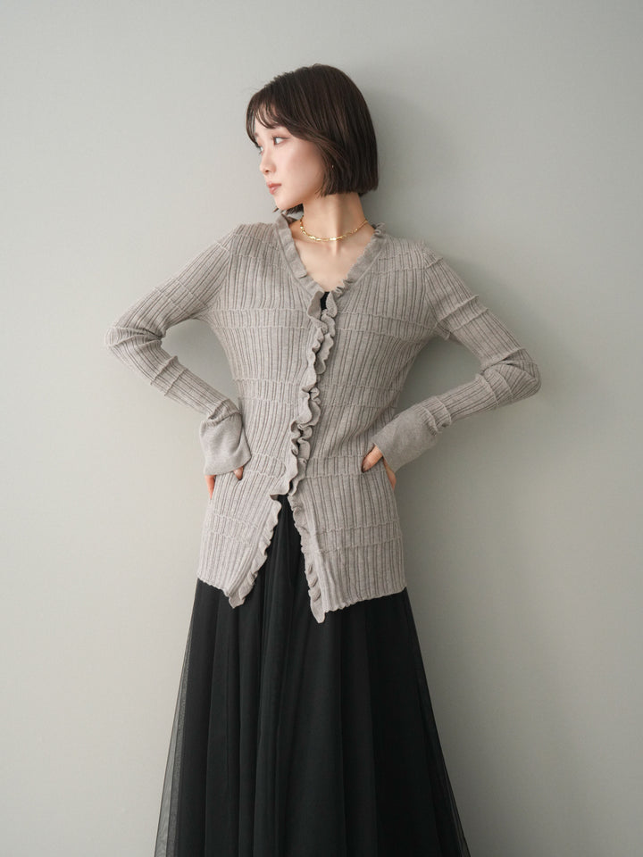 [予約]フロントフリルリブニットカーディガン/greige