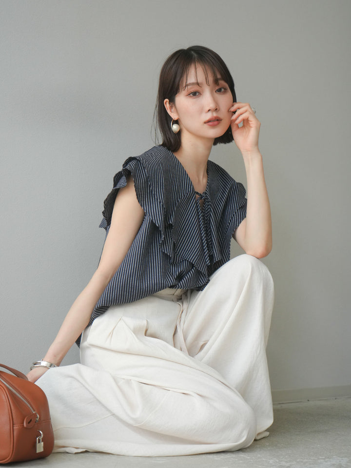 [予約]リネンライクストライプラッフルブラウス/ネイビー