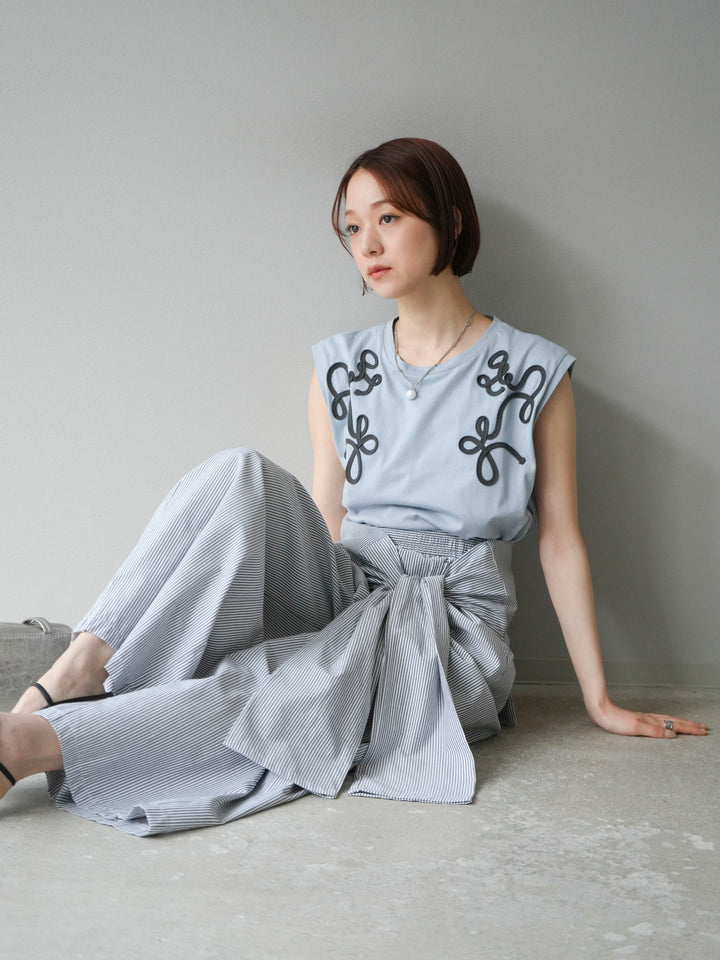 [SET]コード刺繍フレンチスリーブTシャツ+ウエスト巻きストライプイージーパンツ(2set)