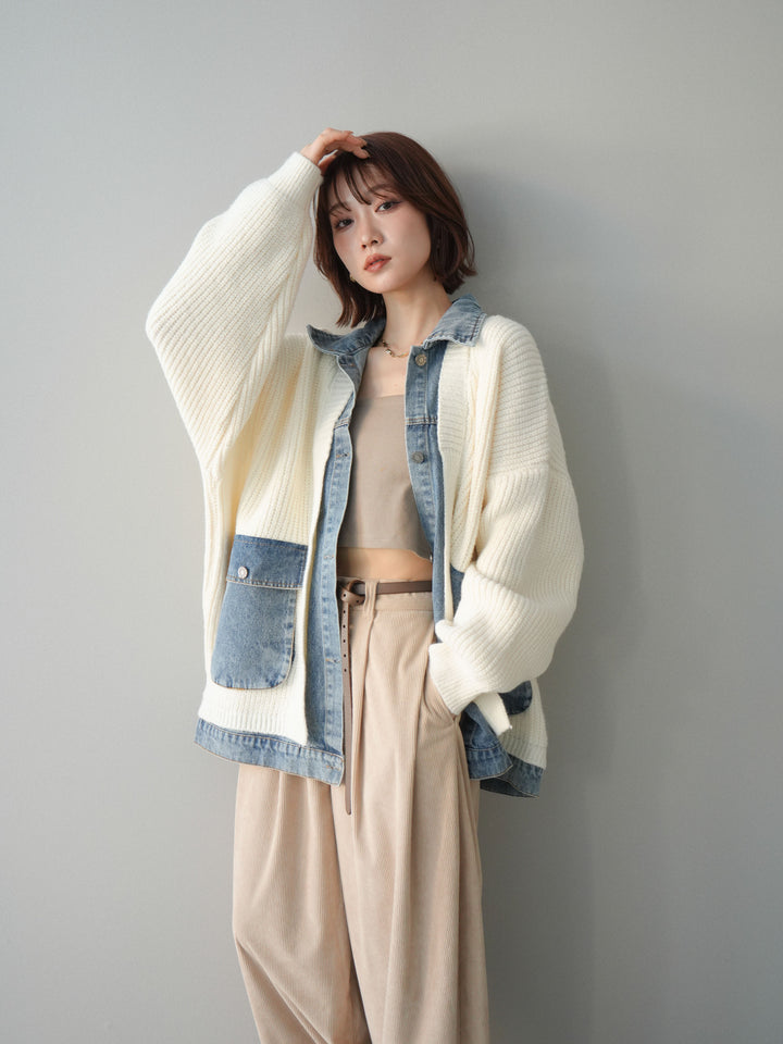 [SET]デニムドッキングオーバーニットジャケット+コーデュロイサイドタックコクーンパンツ(2set)