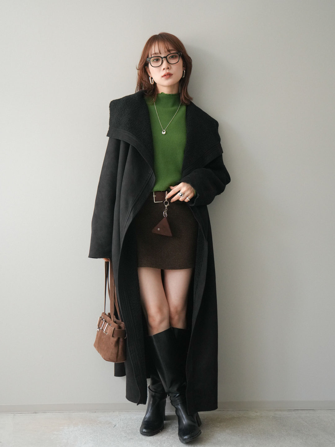 [予約]ウールタッチベルト付ミニスカート/brown