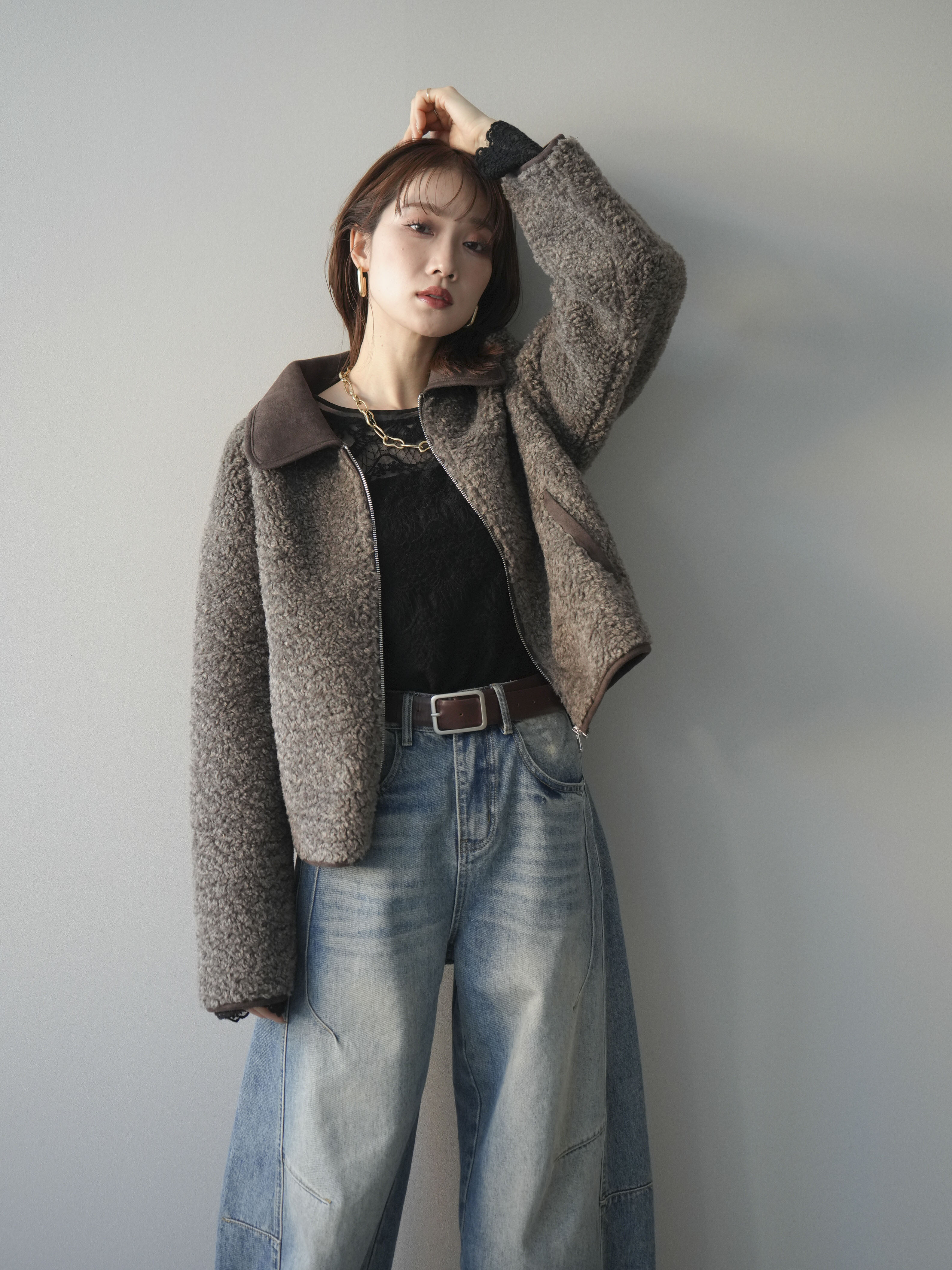 ♡いけちゃん♡ SeaRoomlynn ショートジャケット SET]スエード襟ボアショートジャケット+チュールレーストップス(2set