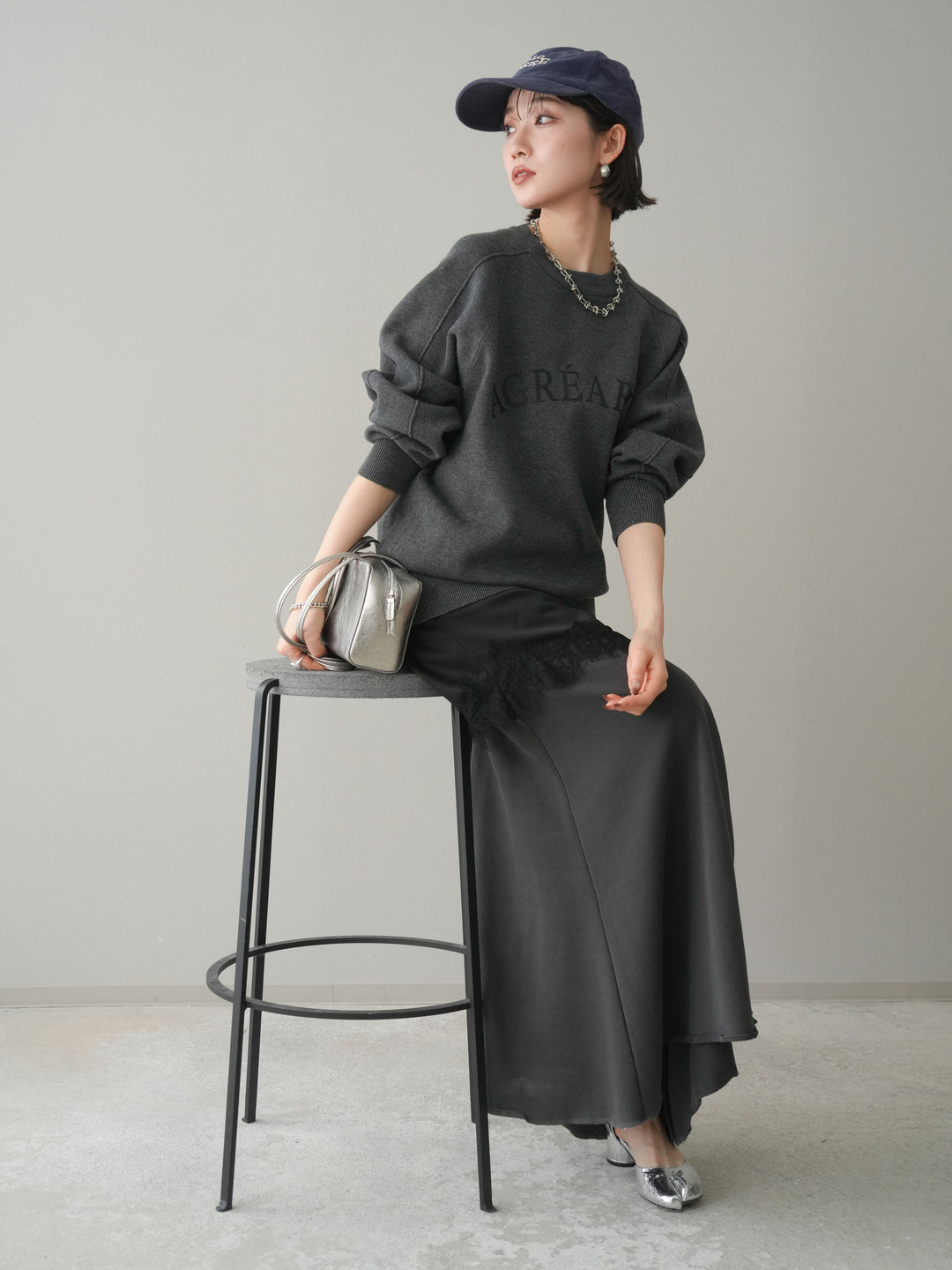 [予約]半ラバープリントロゴスウェットライクニットプルオーバー/mokucharcoal