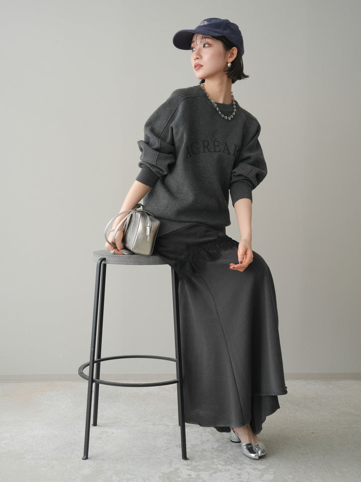 [予約]半ラバープリントロゴスウェットライクニットプルオーバー/mokucharcoal