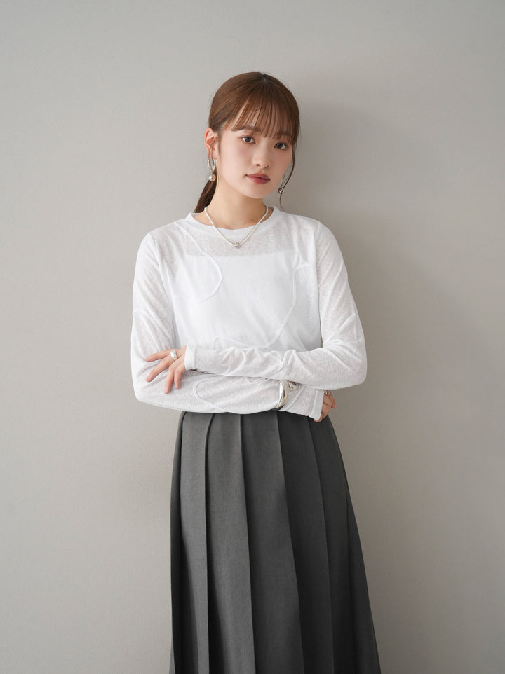 【預購】繩繡透視長袖T卹/米白色