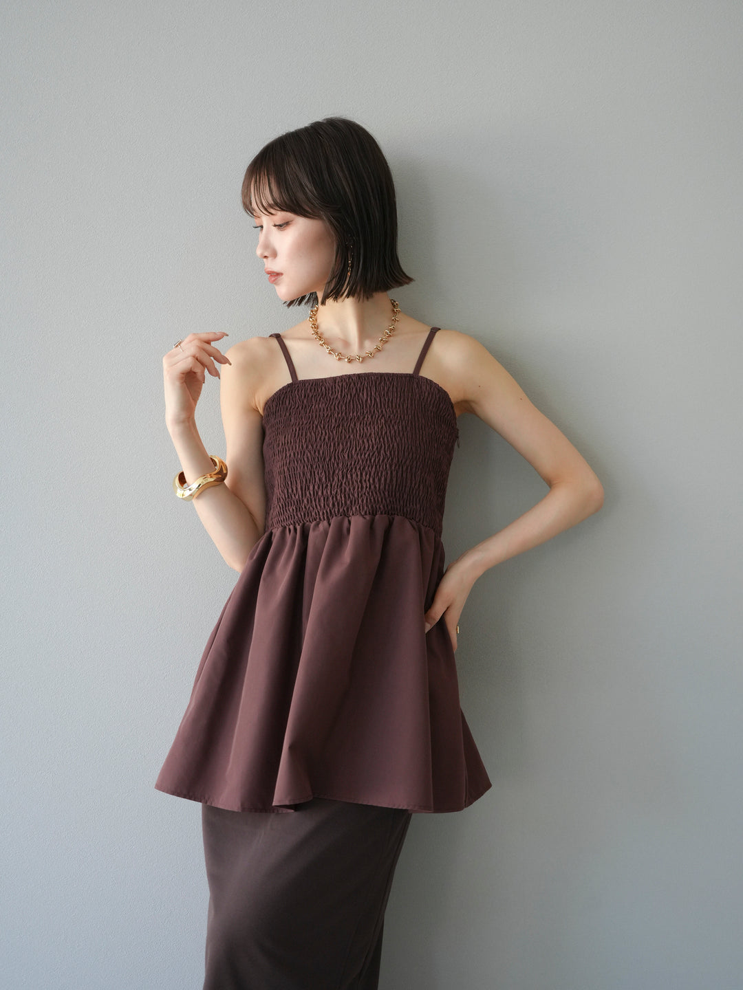 [予約]シャーリングフレアキャミプルオーバー/ブラウン