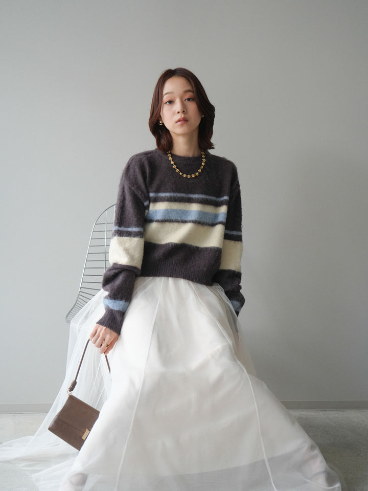 [SET]ソフトタッチボーダークロップドニットプルオーバー+チュールボリュームスカート(2set)