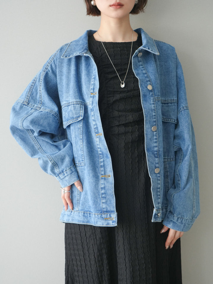 [SET]シャーリングジャガードノースリーブワンピース+ルーズシルエットデニムジャケット(2set)
