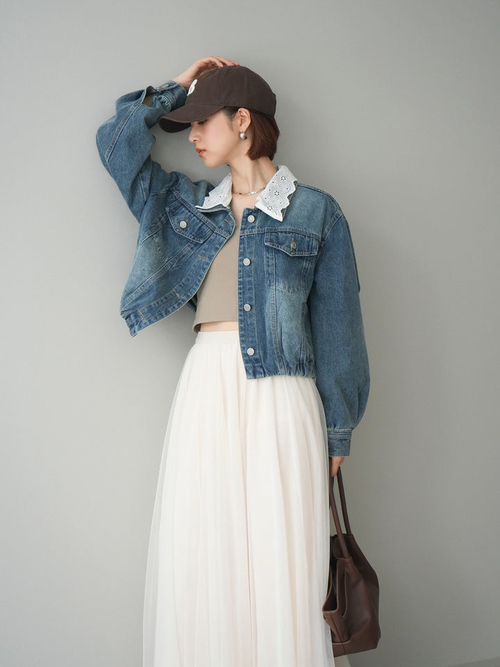 [SET]襟レースデニムショートジャケット+選べるアクセセット(2set)