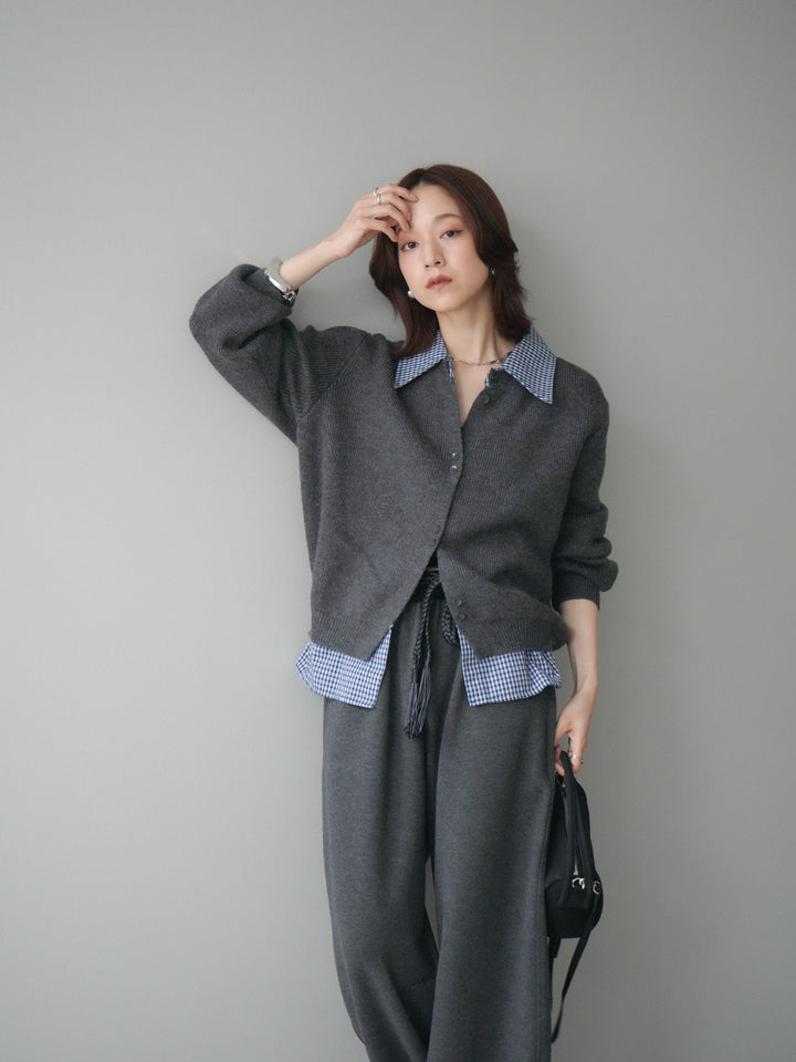 [SET]チェックシャツ襟ニットカーディガン+編み込みベルト付きウエスト配色スエットパンツ(2set)