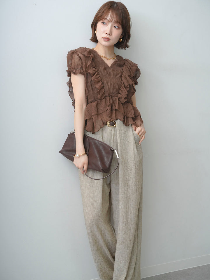 [予約]エアリー楊柳フリルペプラムブラウス/brown
