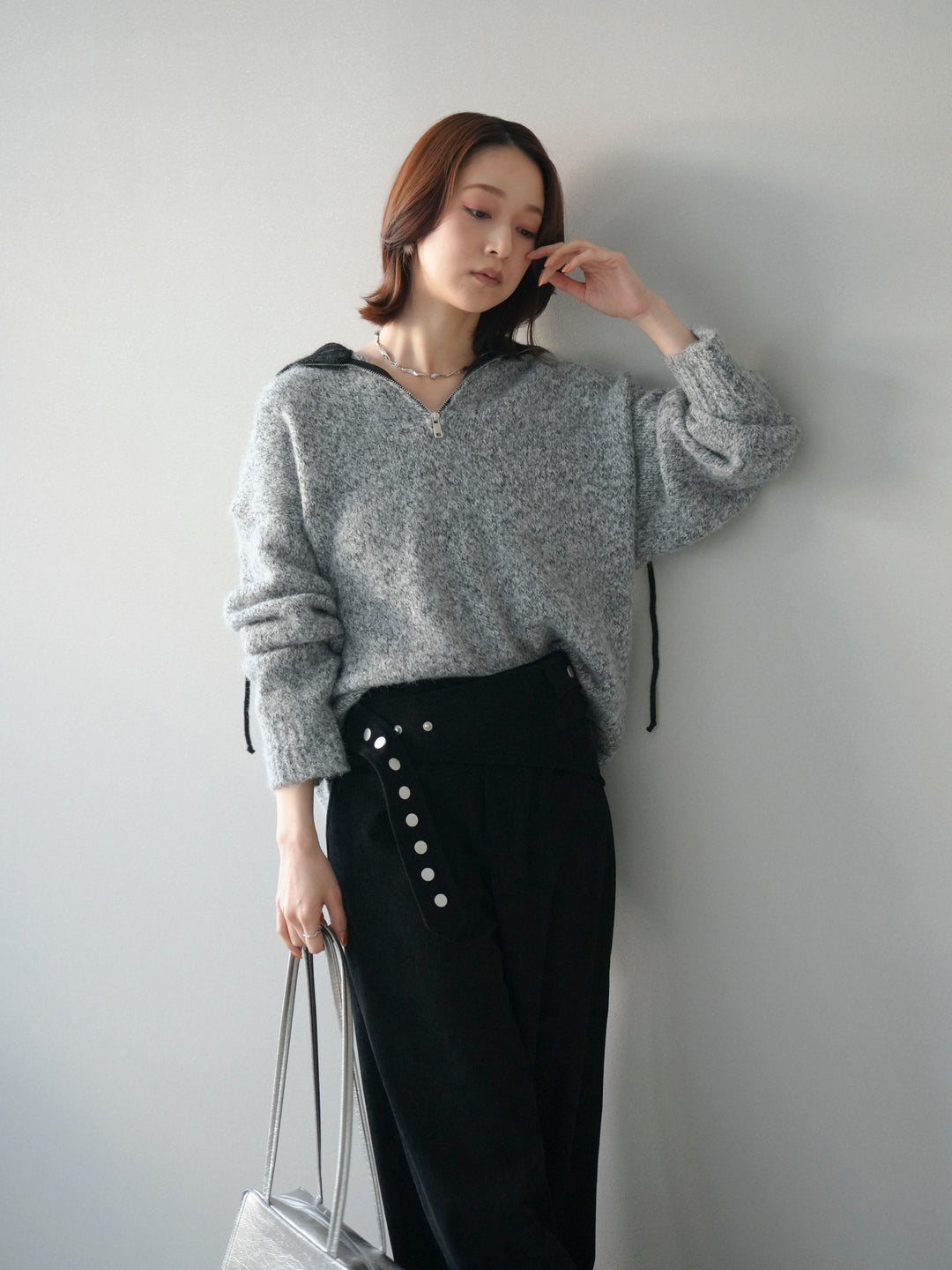 [予約]バイカラージップニットプルオーバー/gray