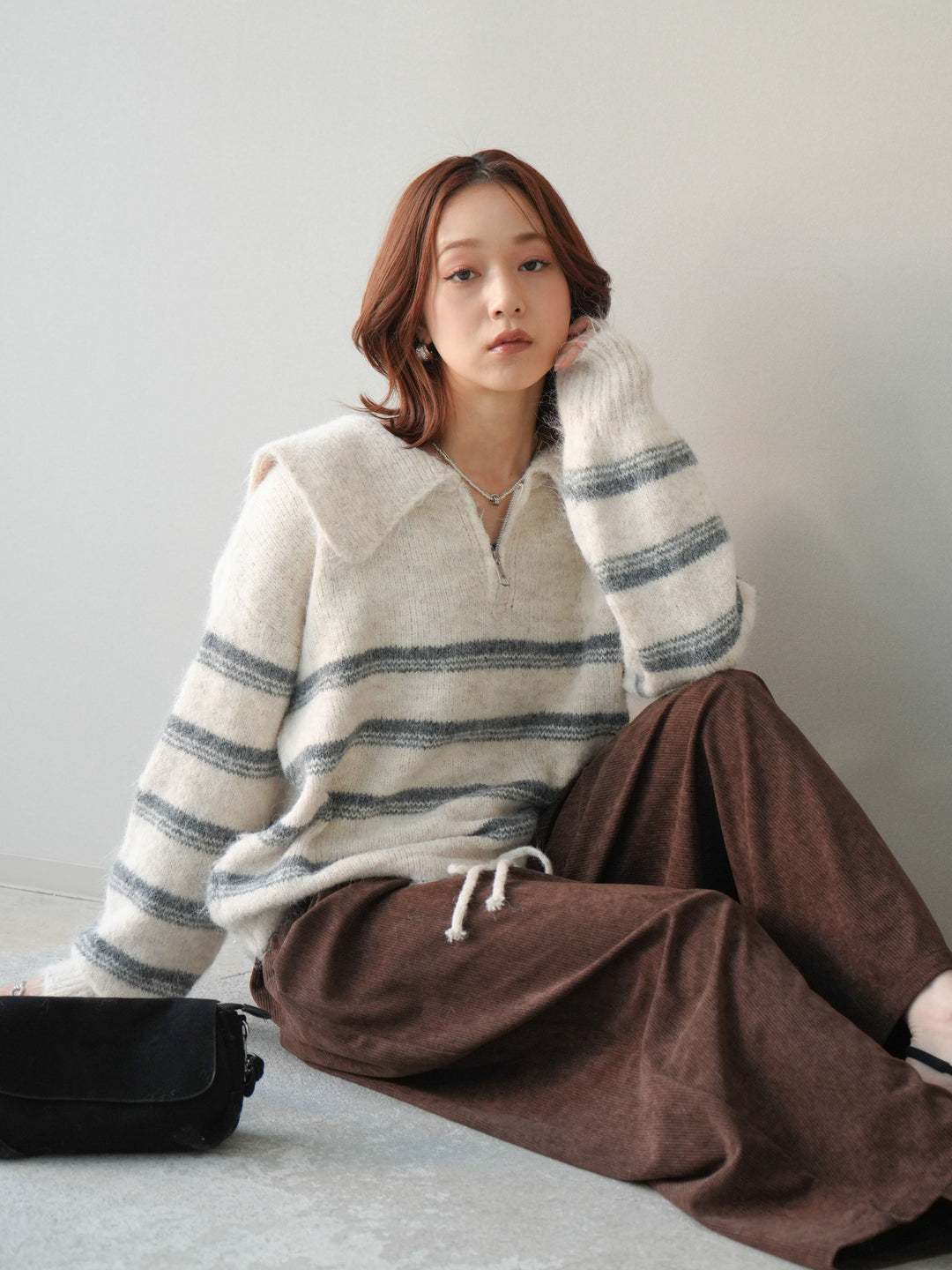 [SET]ハーフジップボーダーニットプルオーバー+コーデュロイサイドタックコクーンパンツ(2set)