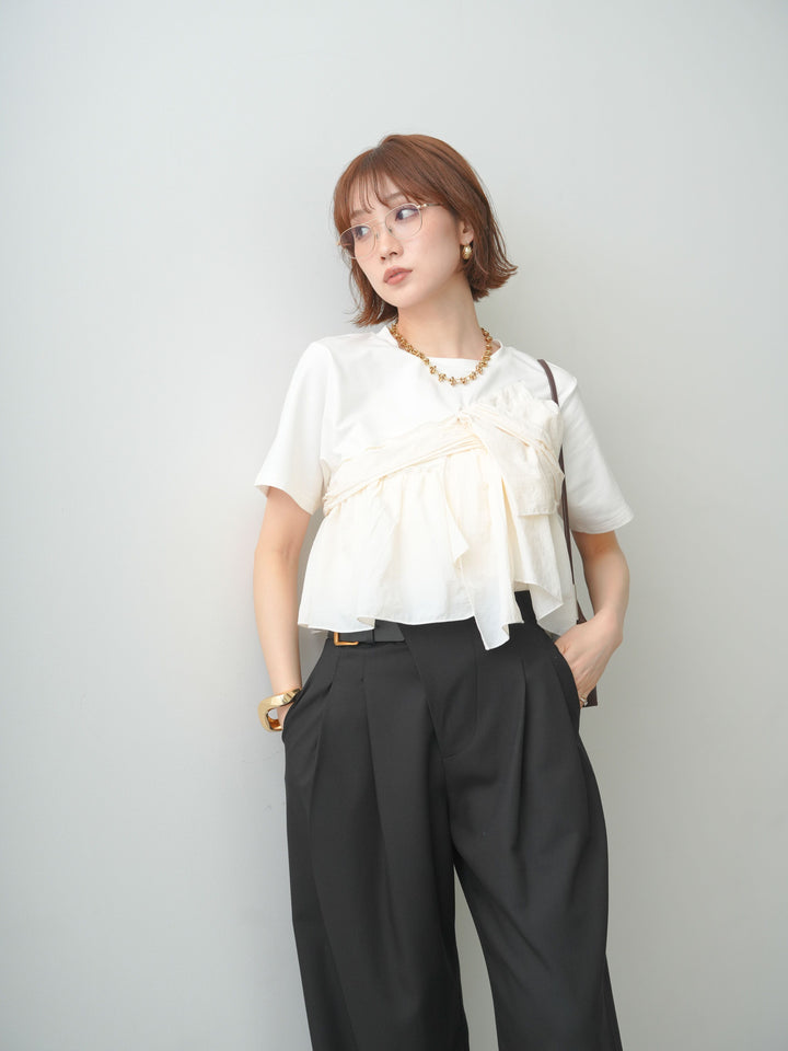 [SET]ナイロンドッキングツイストTEE +アシンメトリーベルトタックワイドパンツ(2set)