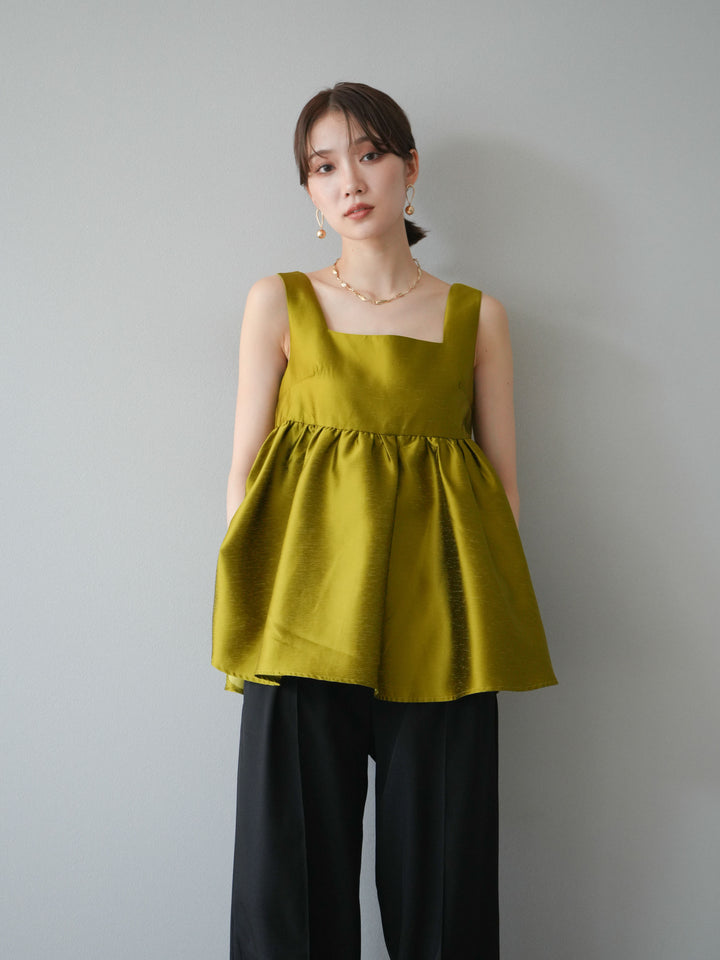 [予約]サテンフレアノースリーブトップス/グリーン