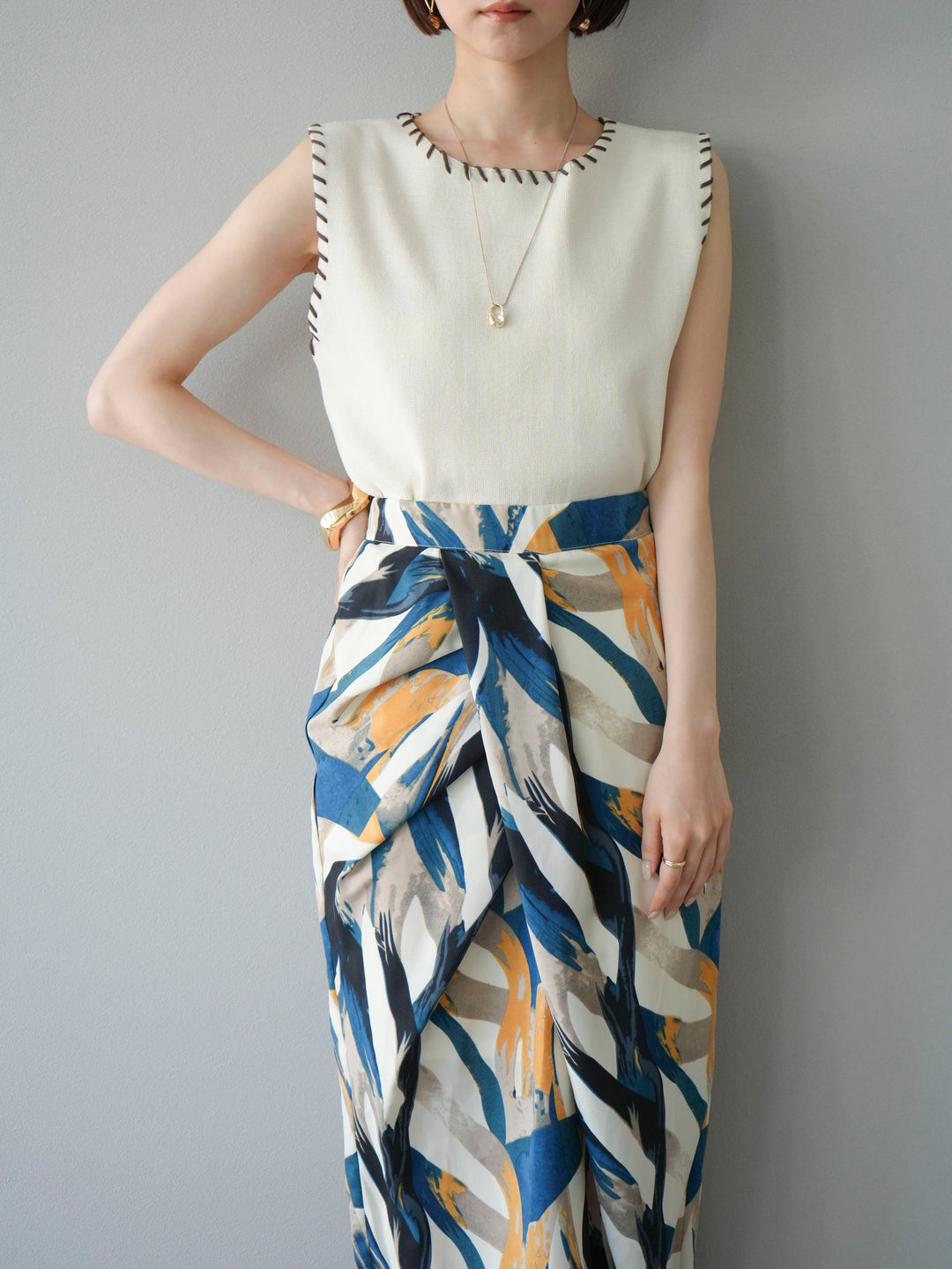 [予約]リネンタッチハンドステッチニットプルオーバー/アイボリー