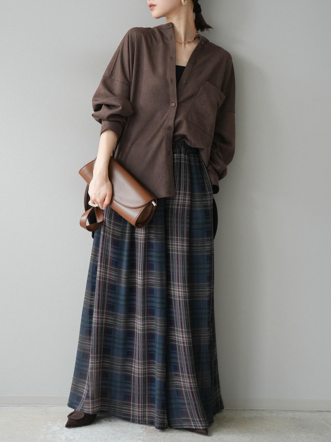 [予約]スエードバンドカラーオーバーシャツ/ダークブラウン