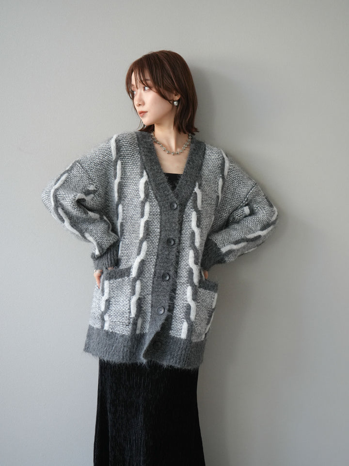 [SET]バイカラー編み込みデザインニットカーディガン+ベロアプリーツナロースカート(2set)