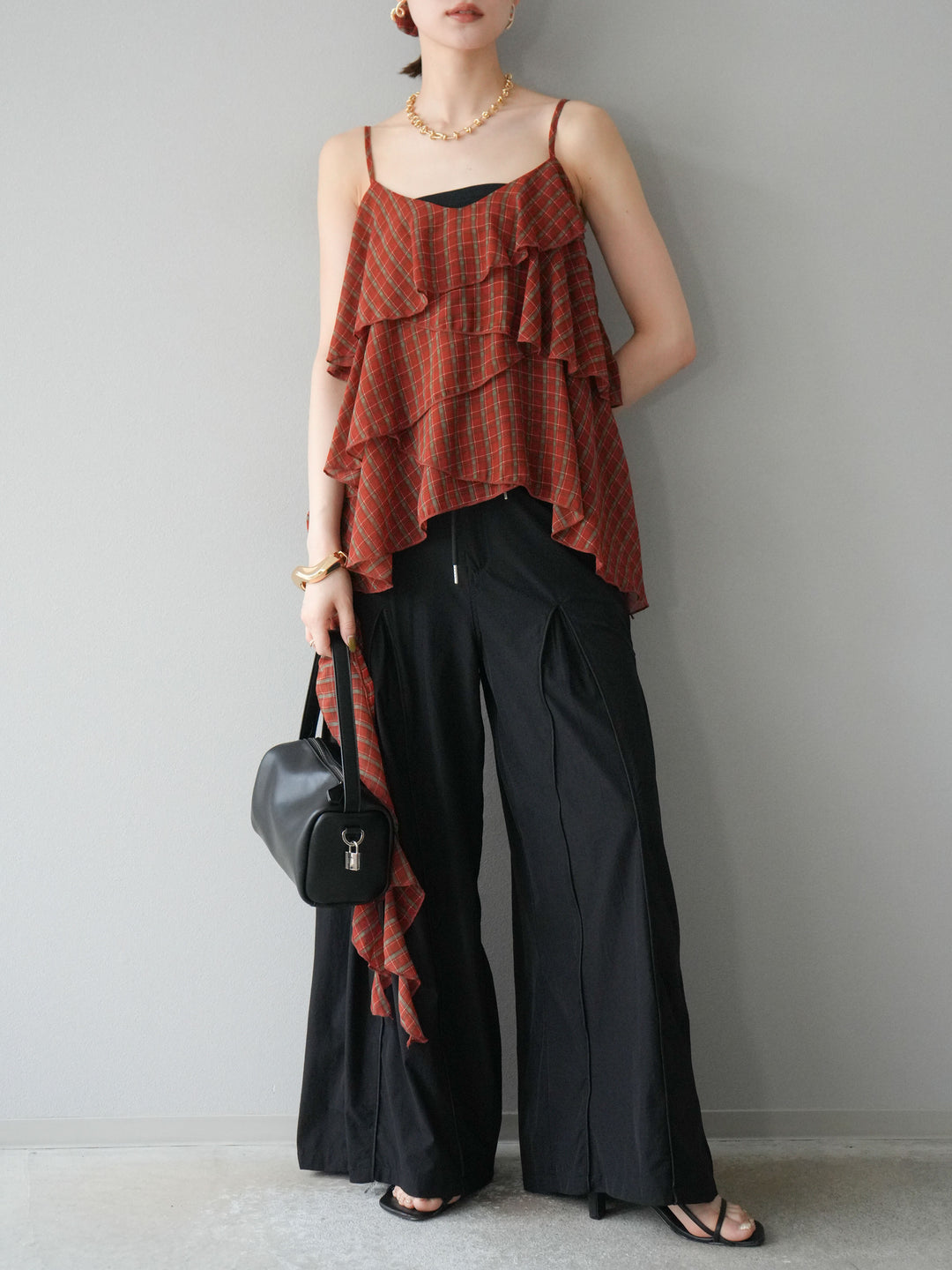 [予約]チェック柄ラッフルキャミソール/レッド