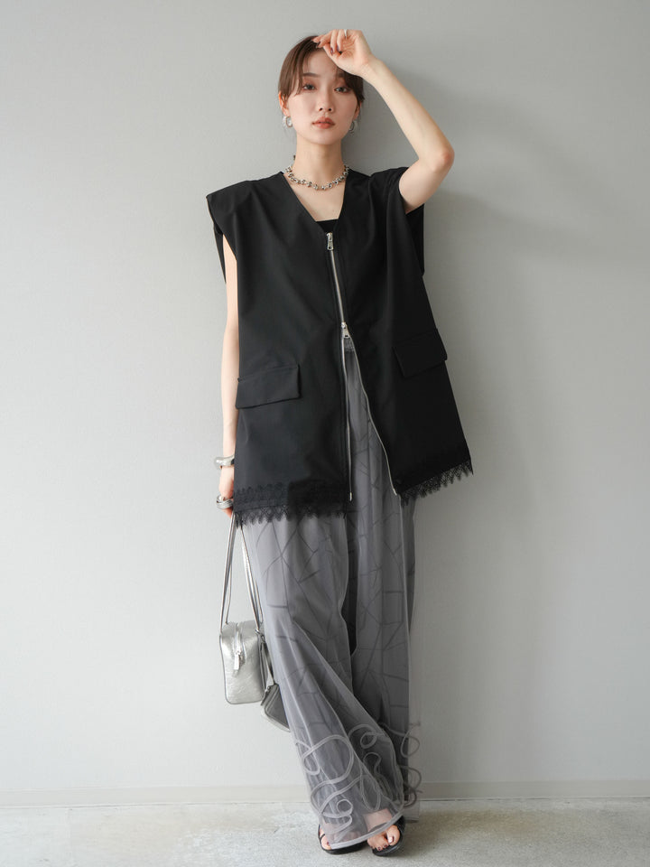 [予約]ビスコースサテンプリントタックイージーパンツ/チャコール