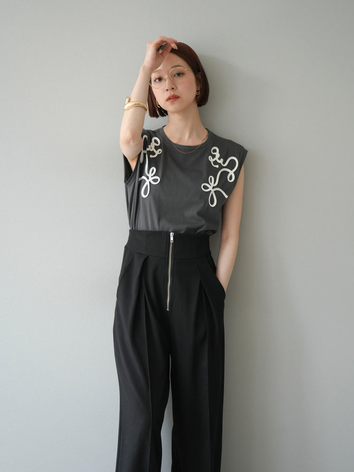 [SET]コード刺繍フレンチスリーブTシャツ+ジップタックワイドパンツ(2set)