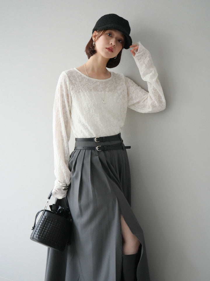 [SET]シアージャガードトップス+エステルプリーツスリットスカート(2set)