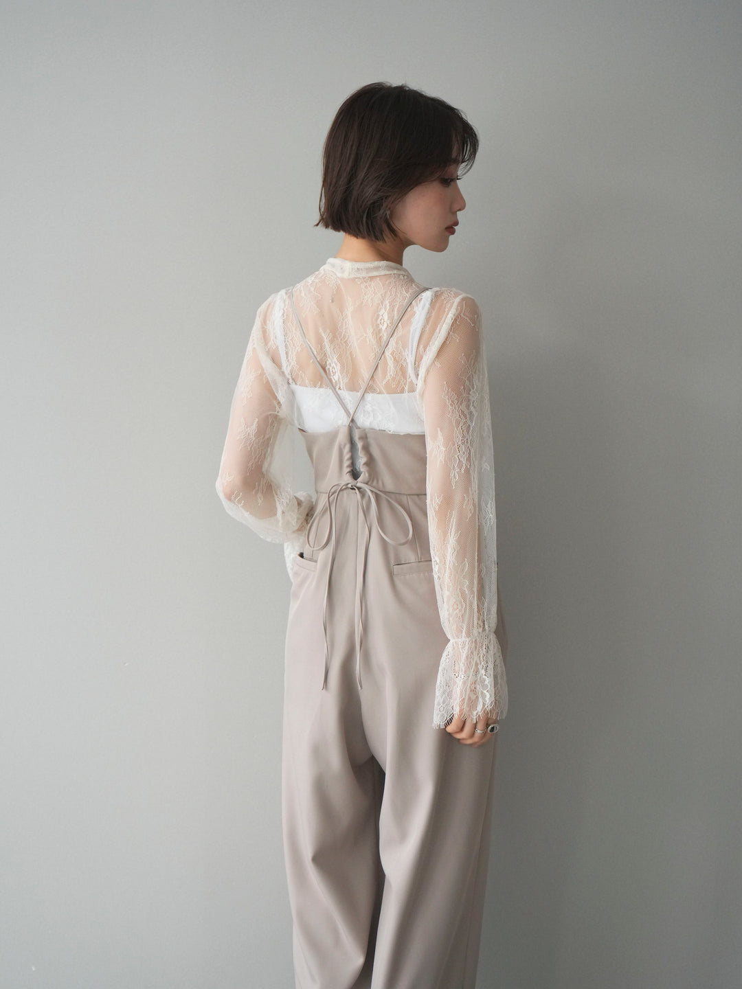 [SET]バックデザインサロペット+リバーレースボウタイトップス(2set)