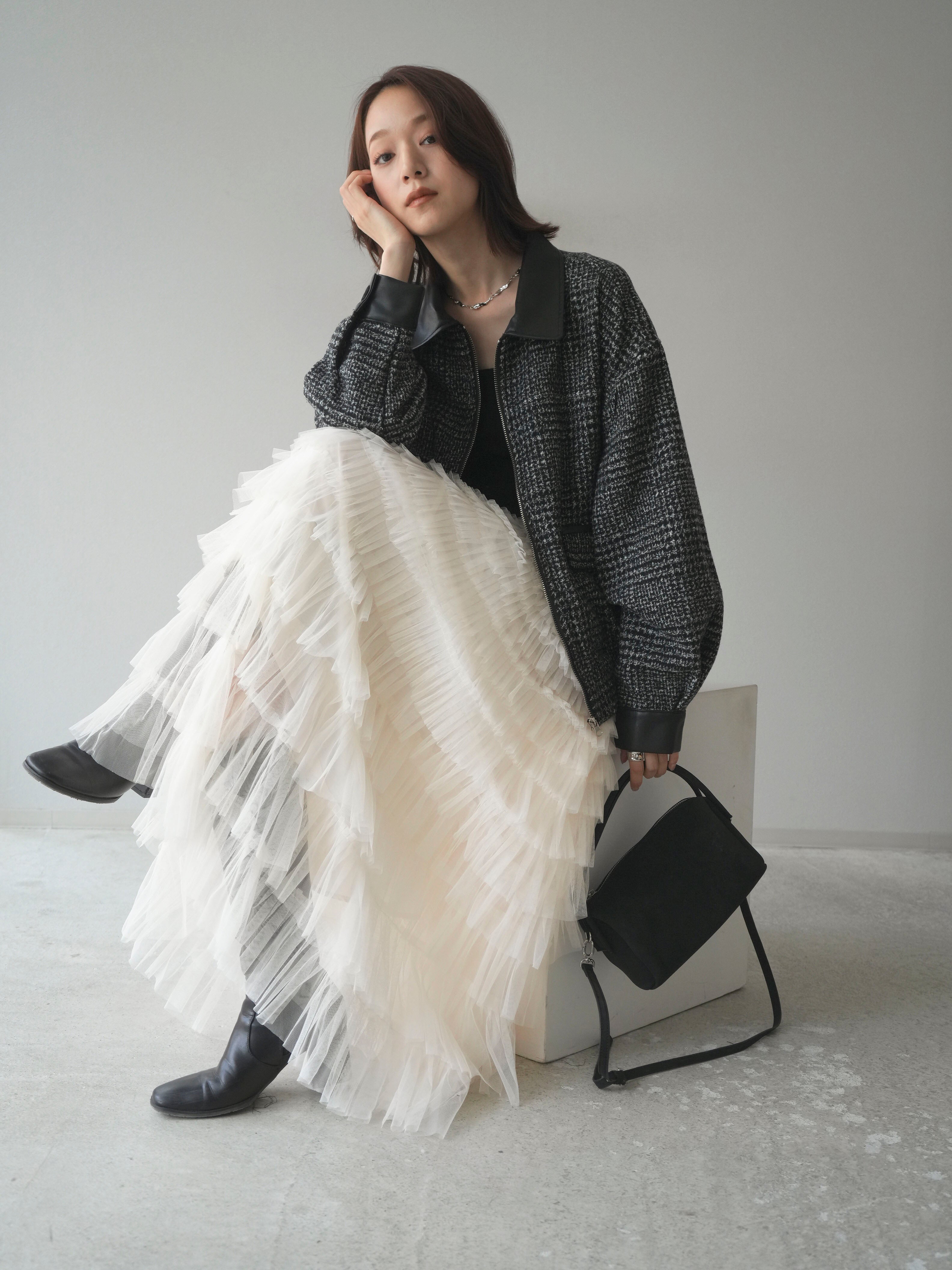 予約]レザー襟ミックスツイードジャケット/black – Lumier