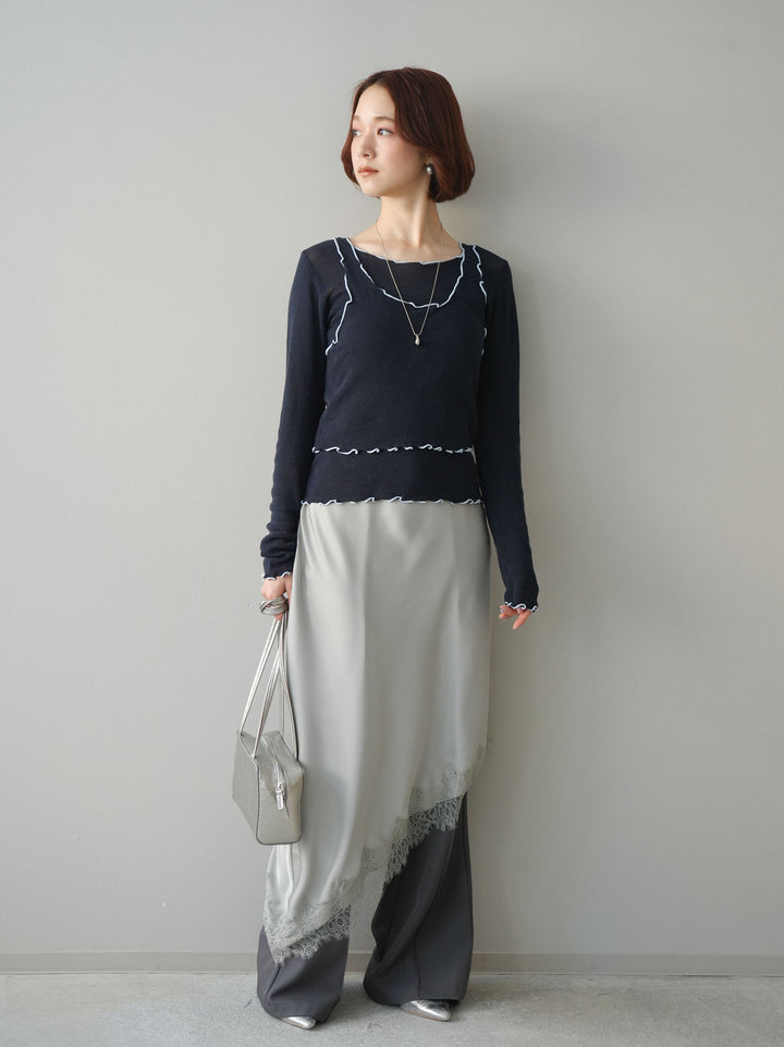 [SET]バイカラーメローアンサンブルシアーニットトップス+センターシームフレアパンツ(2set)