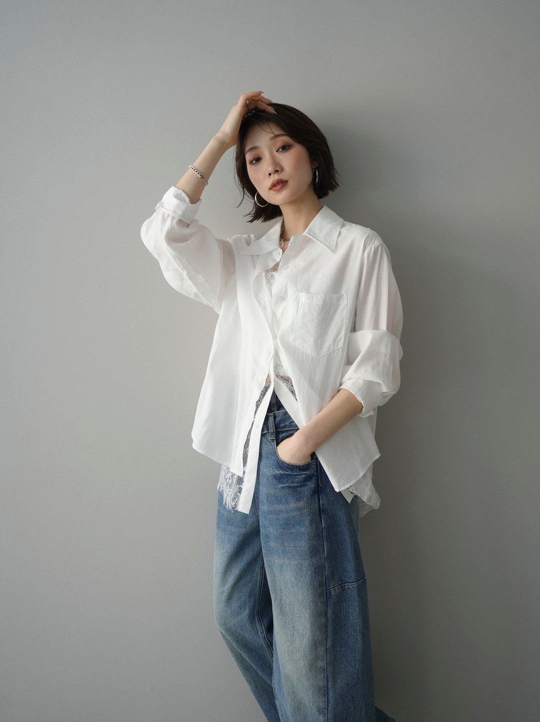 [SET]レイヤードデザイン裾レースブラウス+レイヤードデザイン裾レースブラウス(2set)