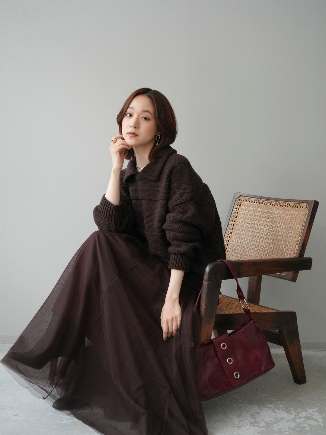 [SET]襟付きボーダー編みニットプルオーバー+チュールボリュームスカート(2set)