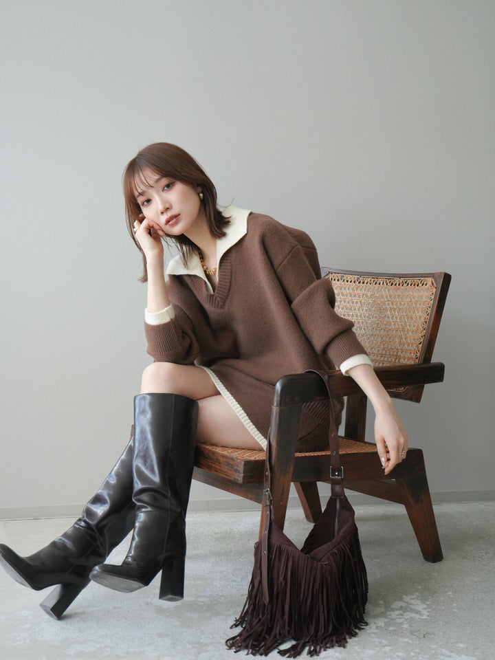 [SET]配色襟ニット＆ミニスカートSET UP(2set)