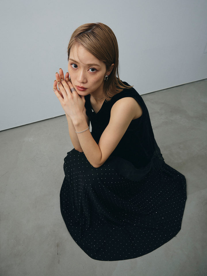 [SET]裾チュールベロアノースリーブプルオーバー+ラインストーンプリーツスカート(2set)