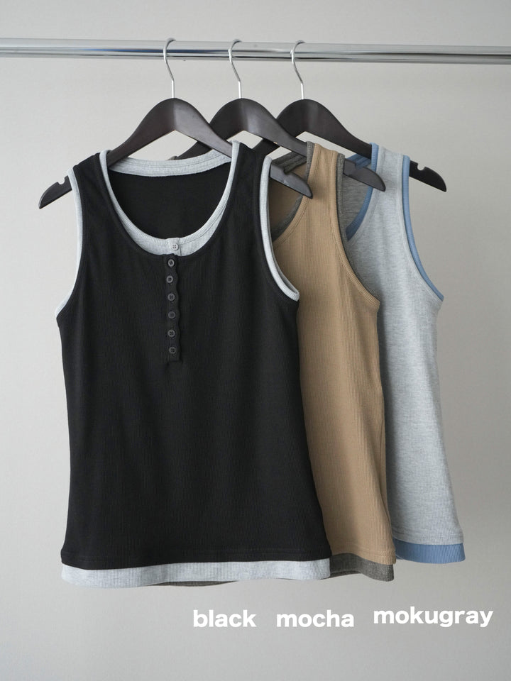 [SET]配色リブヘンリータンクトップ+ウエストベルトビジューワイドデニムパンツ(2set)