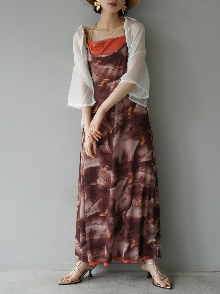 [Pre-order] Nuanced pattern tulle layered cami dress/brown