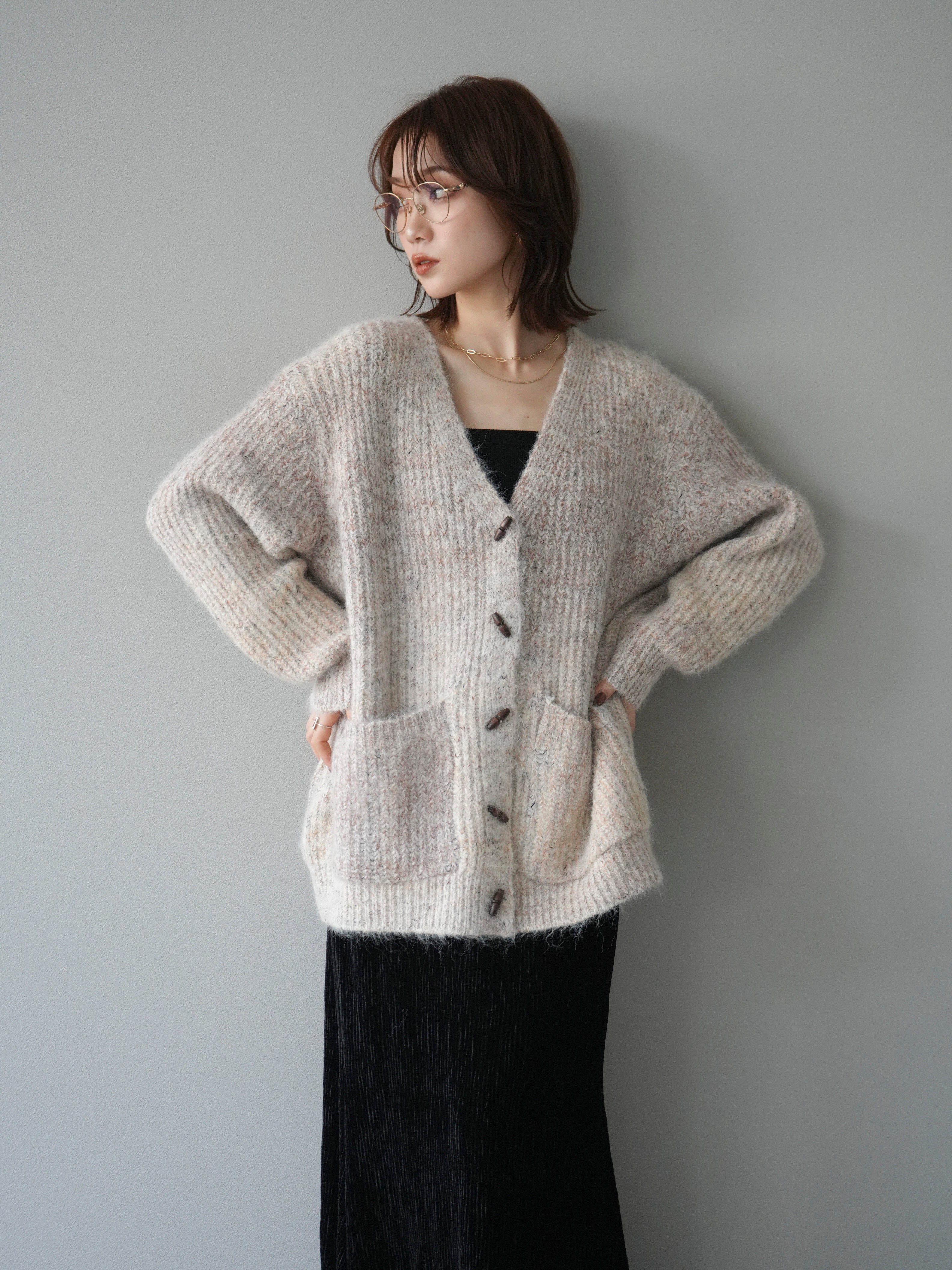 SET]トグルボタン畦編みオーバニットカーディガン+トグルボタン