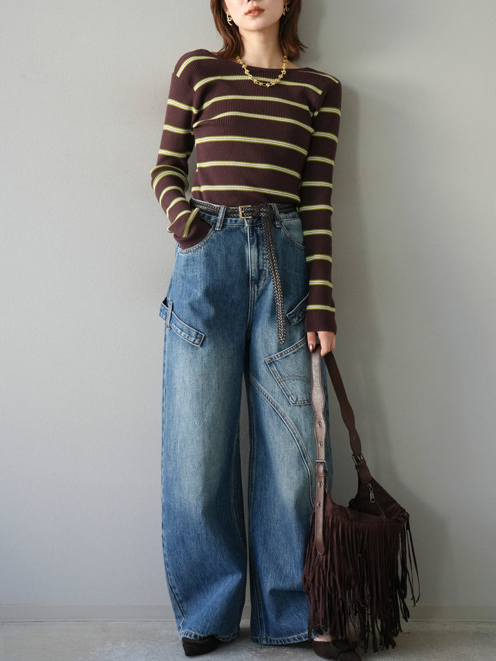 【SET】後開條紋毛圈羅紋上衣+畫家曲線牛仔褲（2件組）