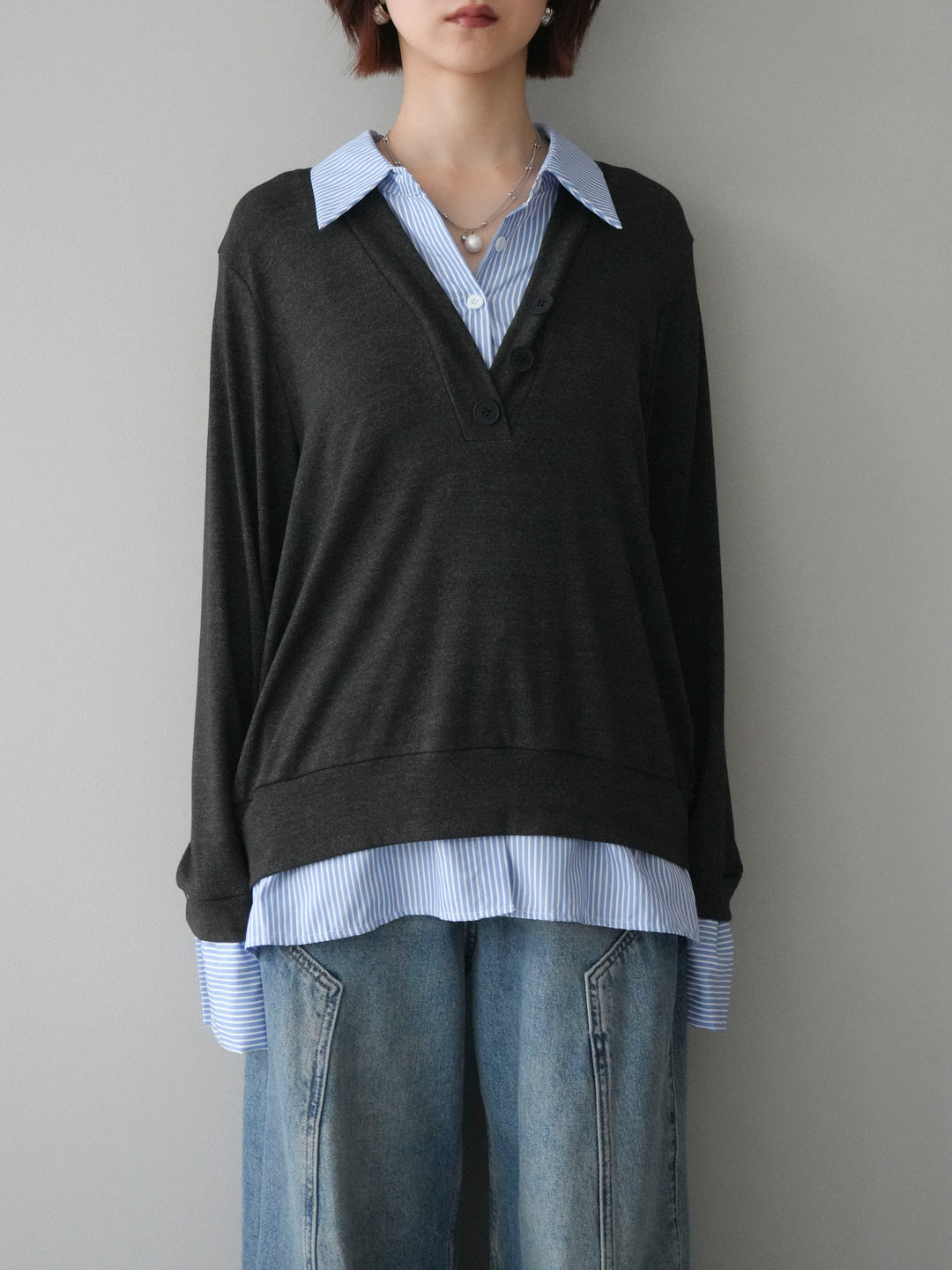 [予約]シャツレイヤードデザインカットプルオーバー/charcoal