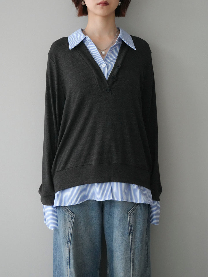 [予約]シャツレイヤードデザインカットプルオーバー/charcoal