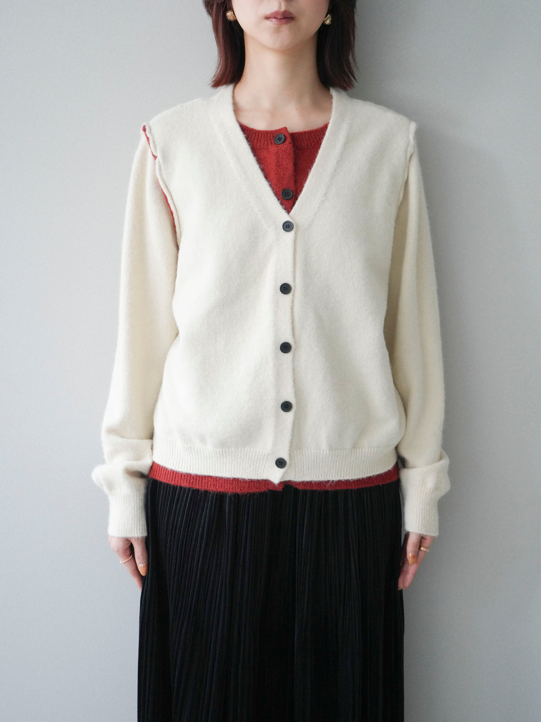 [予約]配色レイヤードニットカーディガン/ apricot