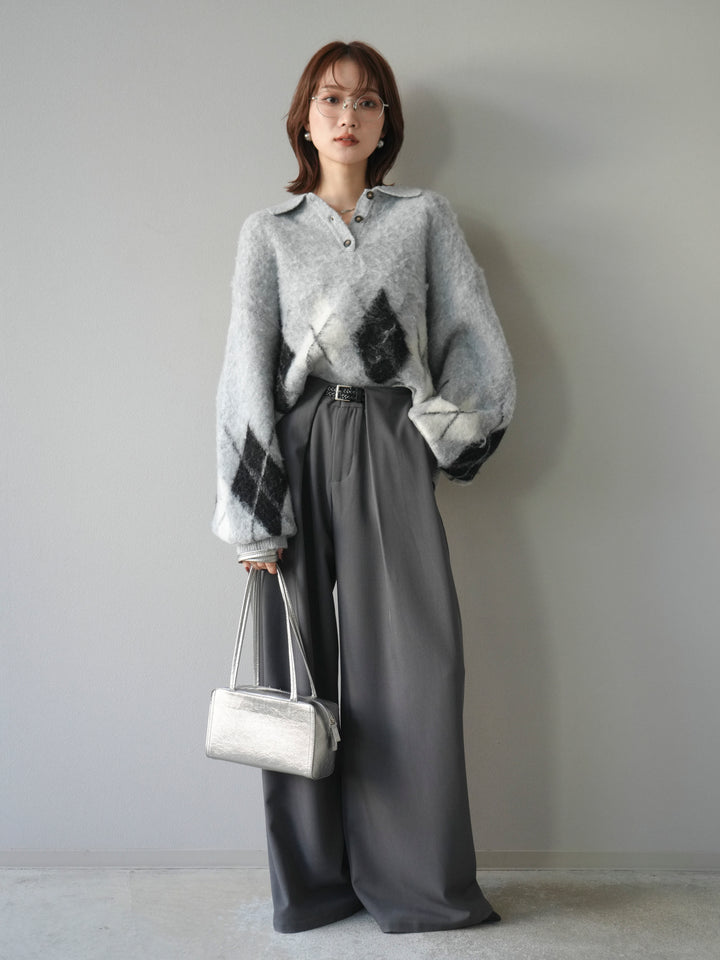 [予約]アーガイル柄ルーズポロニットプルオーバー/gray