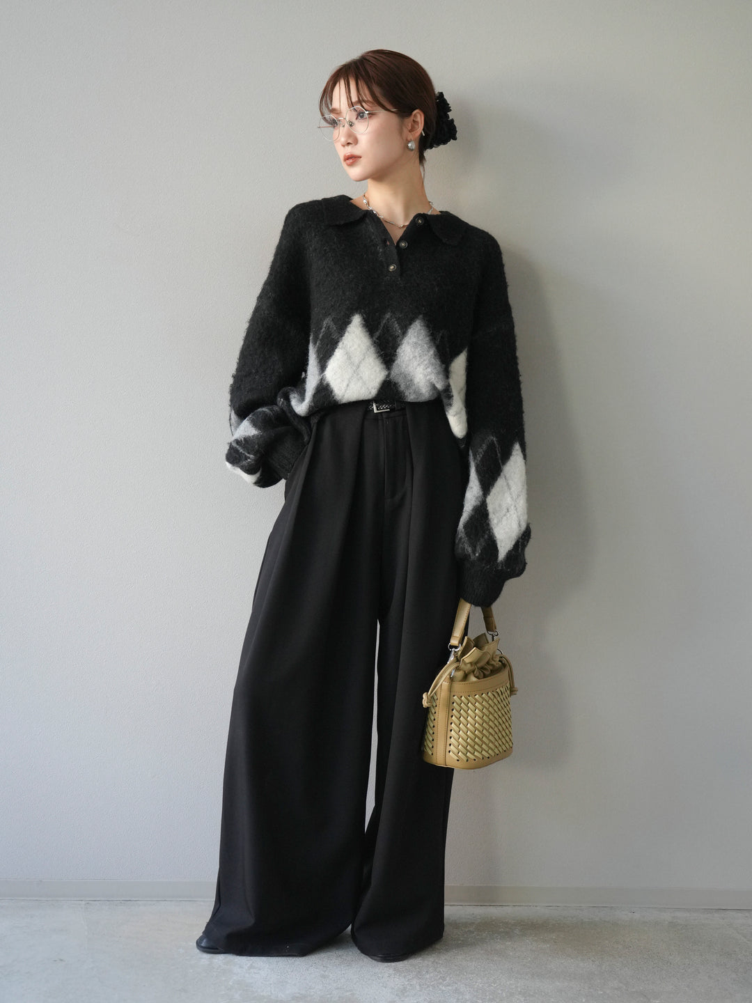 [予約]アーガイル柄ルーズポロニットプルオーバー/black